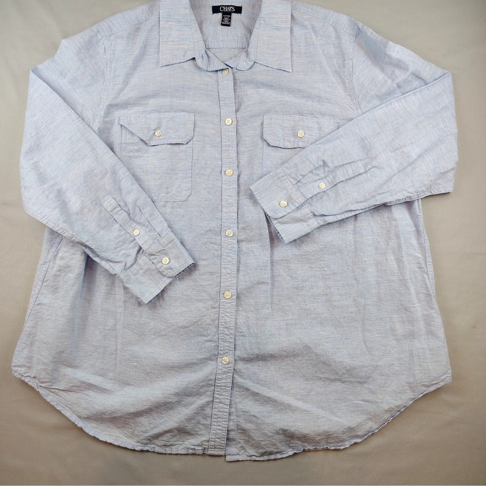 Chaps Womens 1X/XL Linen Cotton Button Down Shirt Light Blue Long Sleeve - Picture 8 of 16